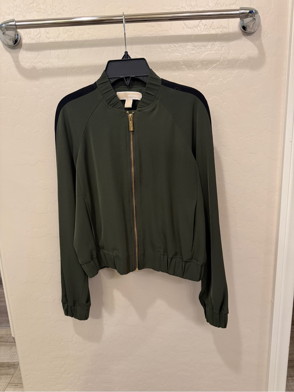 Michael Kors Olive Green Bomber Jacket with Black Shoulder Accents